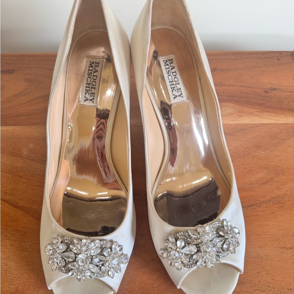 Badgley Mischka Ivory Jeweled Peep-Toe Heels